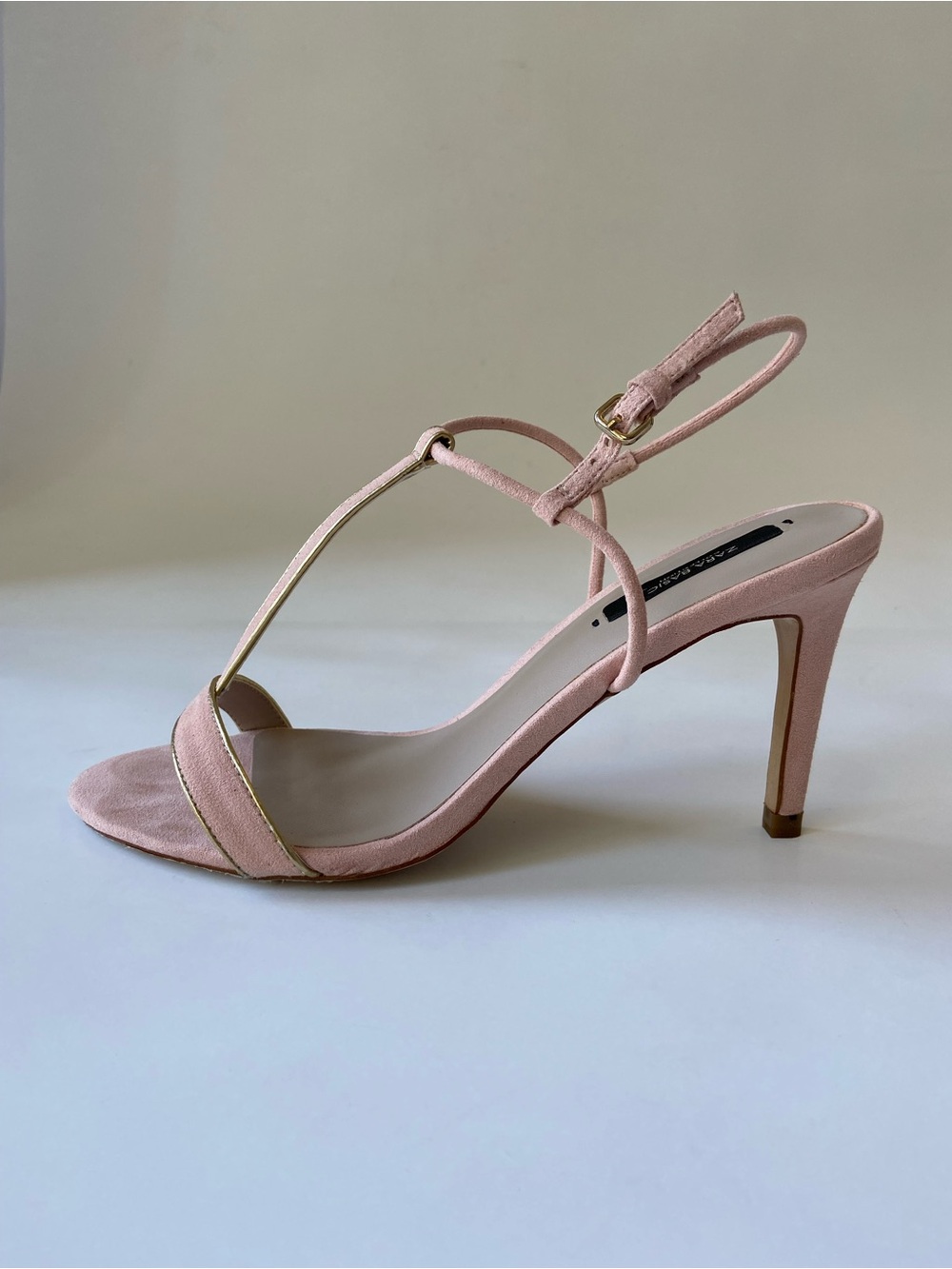 Zara Pink Blush Suede T-Strap Sandals with Gold Trim - Picture 3 of 8